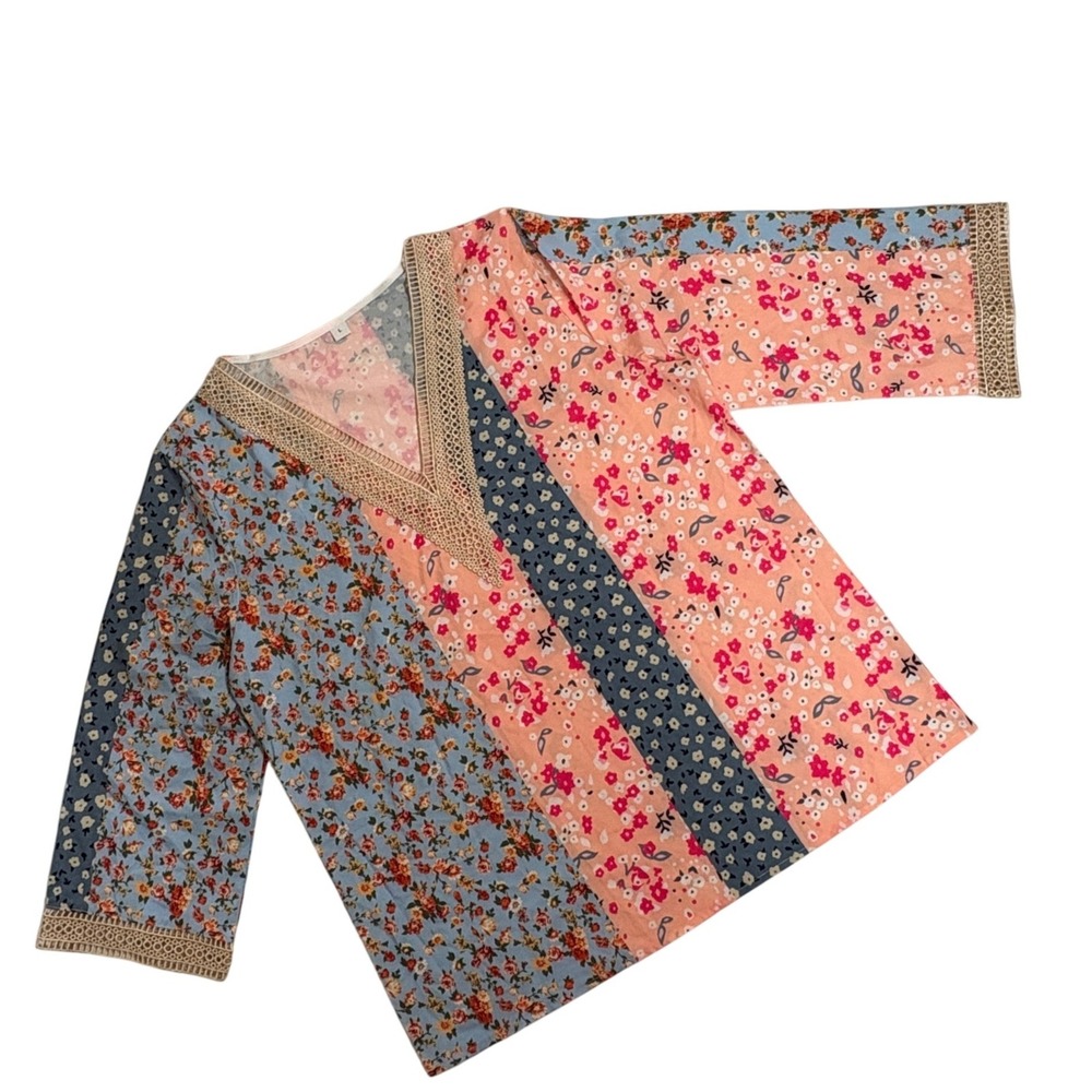 Floral Patchwork V-Neck Tunic Womens L Multicolor Crochet Trim Boho